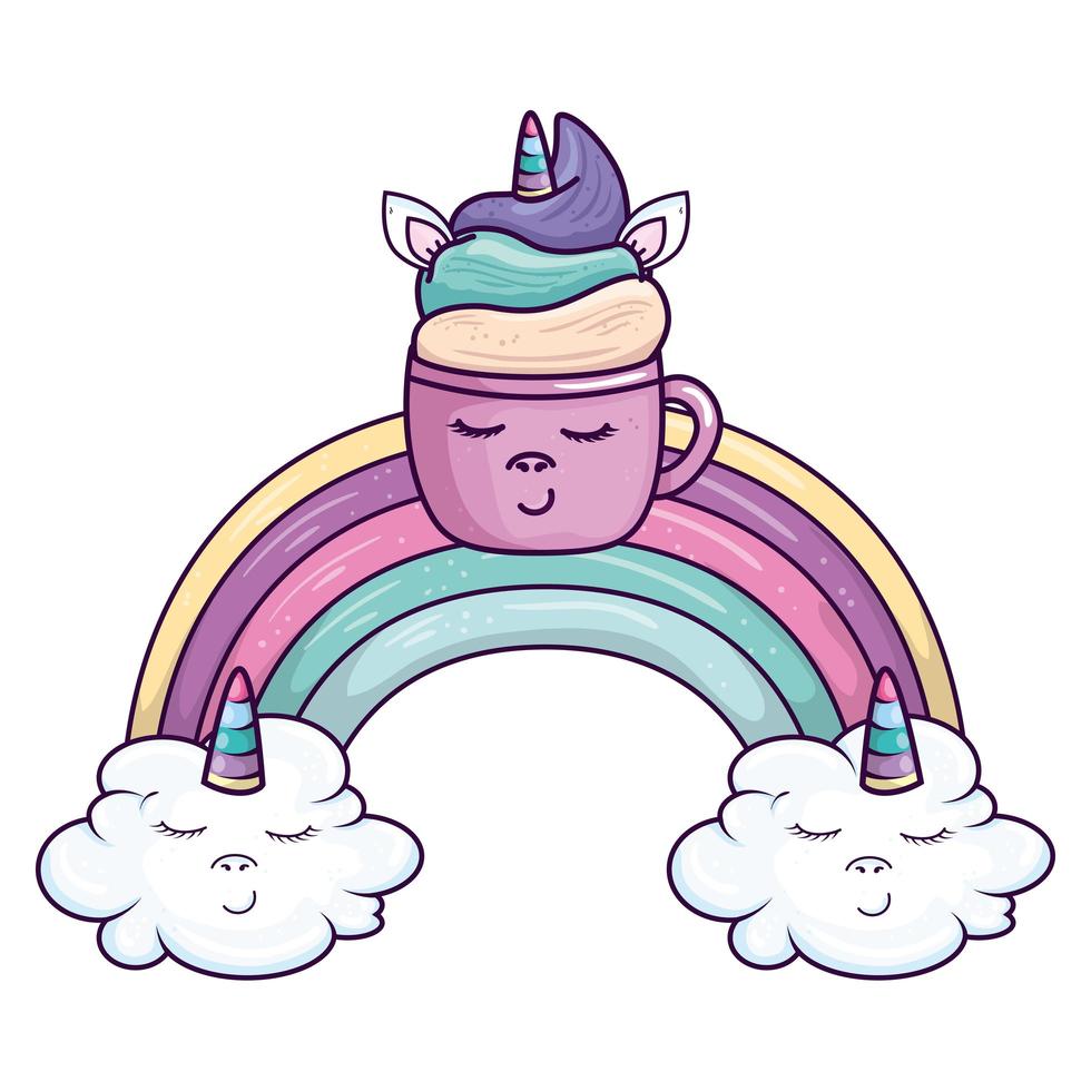 linda taza unicornio con arco iris y nubes icono de estilo kawaii vector