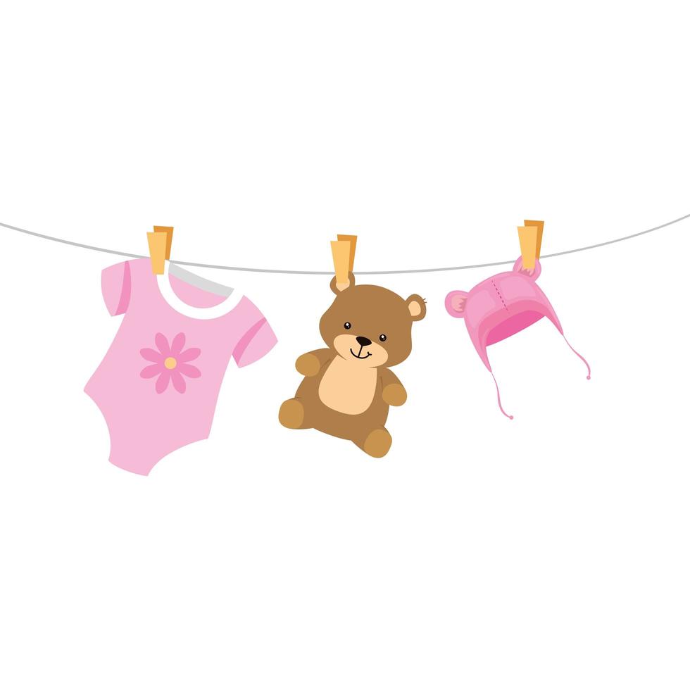 cute clothes baby with bear and hat hanging vector