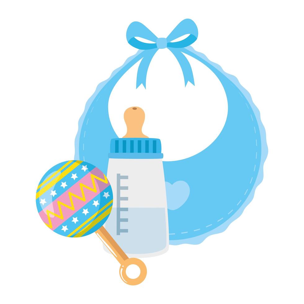 rattle baby with bottle milk and bib vector