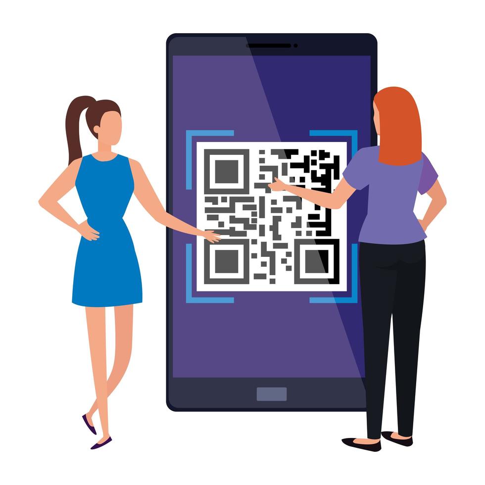 mujer de negocios y dispositivo de teléfono inteligente con código de escaneo qr vector