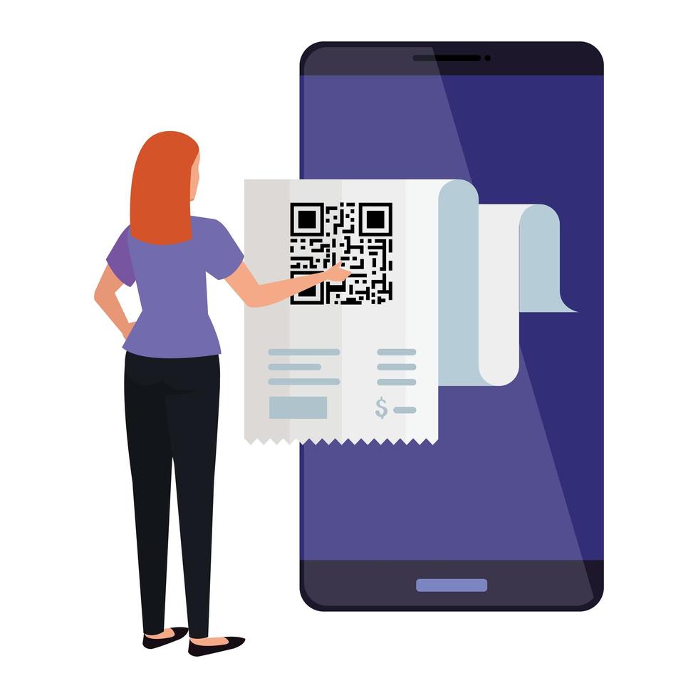businesswoman and smartphone device with scan code qr vector