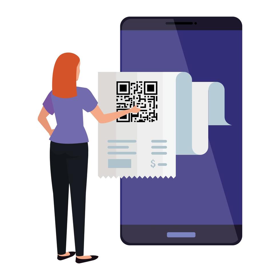 Dispositivo de teléfono inteligente y empresaria con código de escaneo qr vector