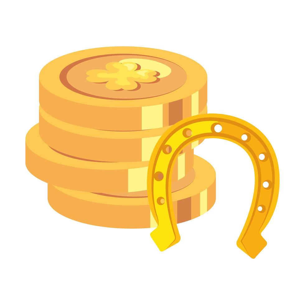 stack of coins with clovers and horseshoe vector