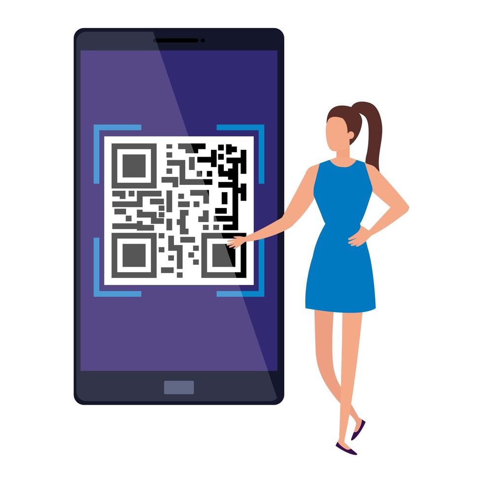 businesswoman and smartphone device with scan code qr vector