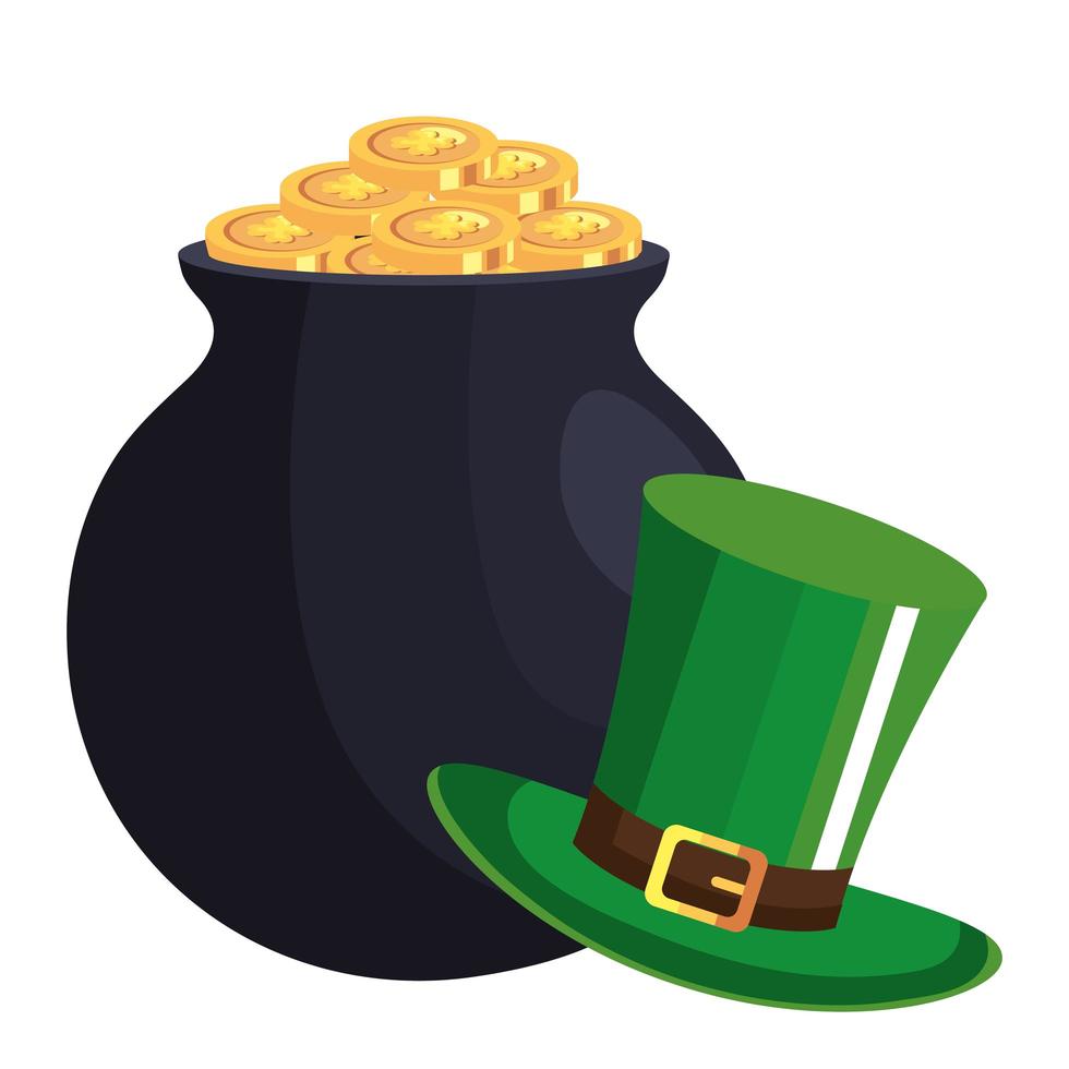 top hat leprechaun and cauldron with coins isolated icon vector