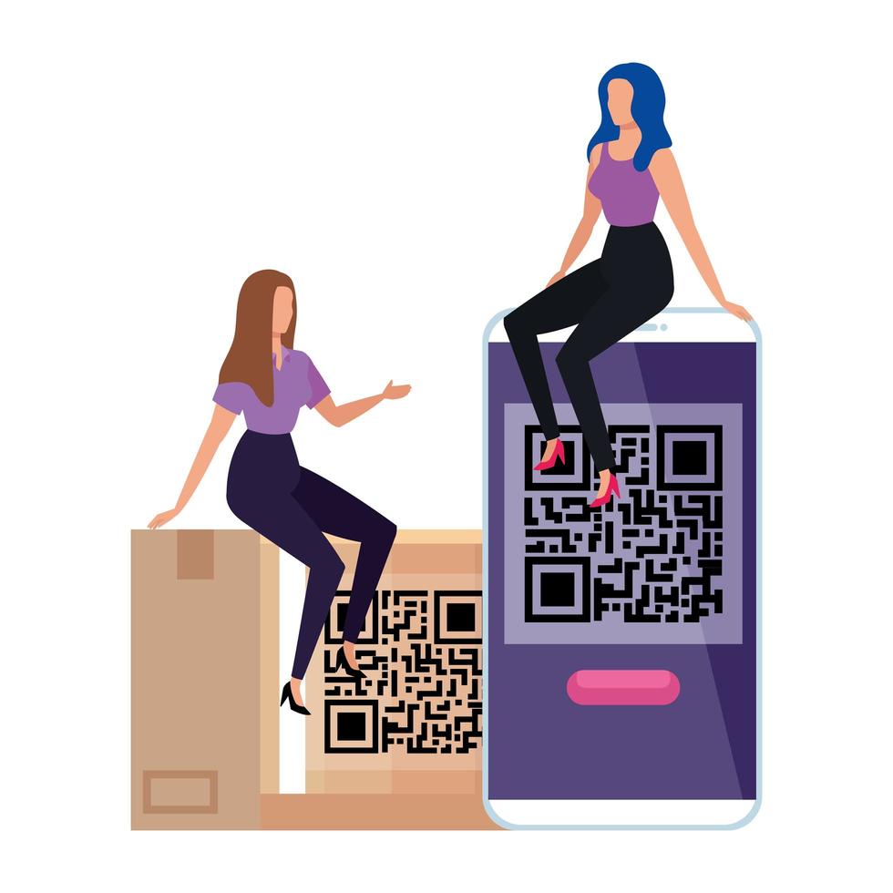 código qr en caja y teléfono inteligente con mujeres empresarias vector