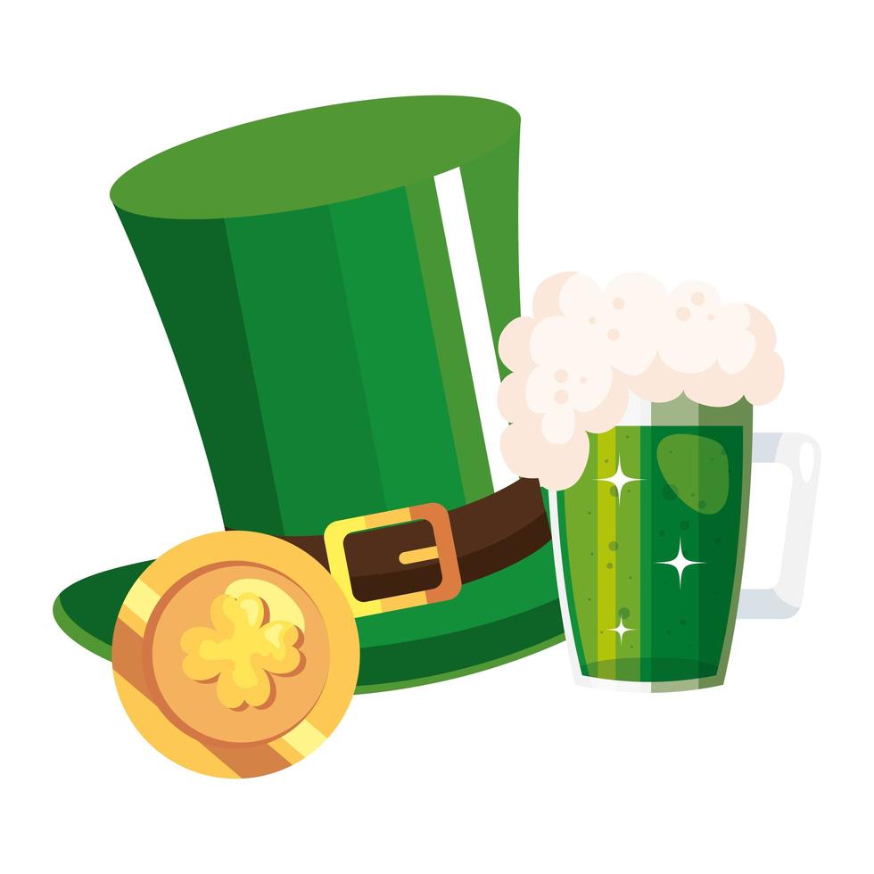 top hat leprechaun with beer jar and coin vector