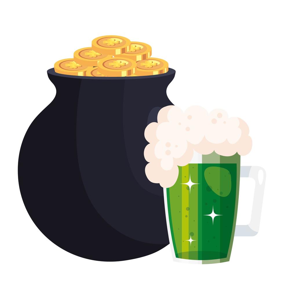 cauldron with coins and beer jar vector