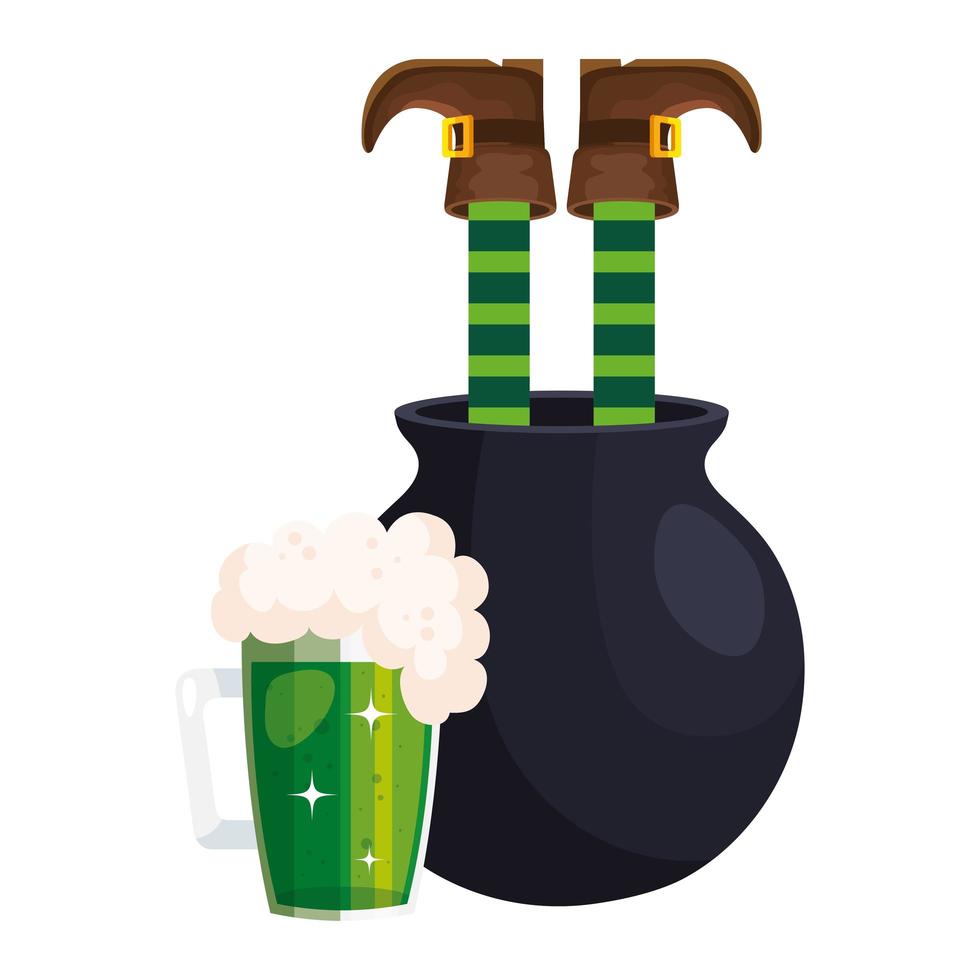 leprechaun legs in cauldron with beer jar vector