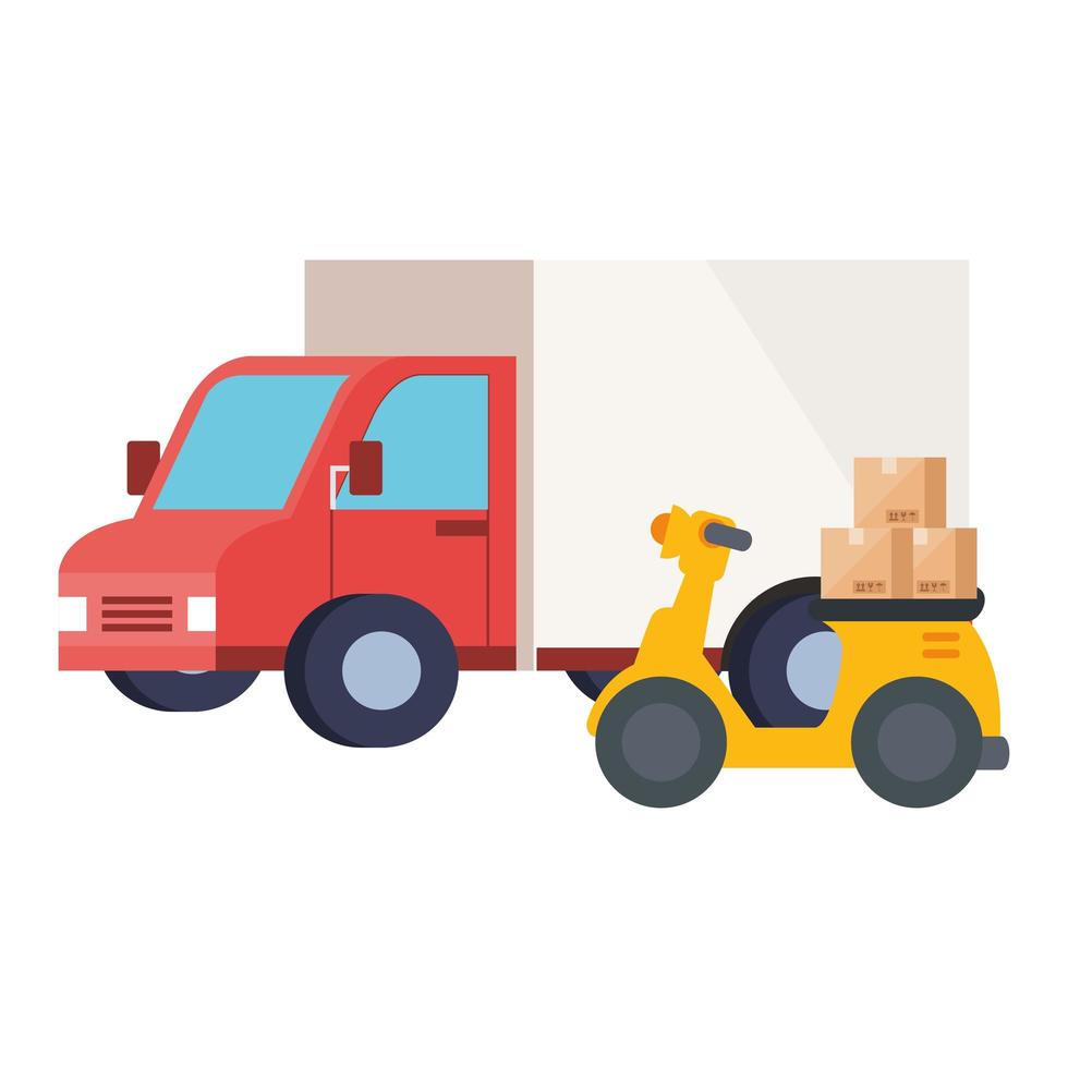 Isolated delivery truck and motorcycle vector design