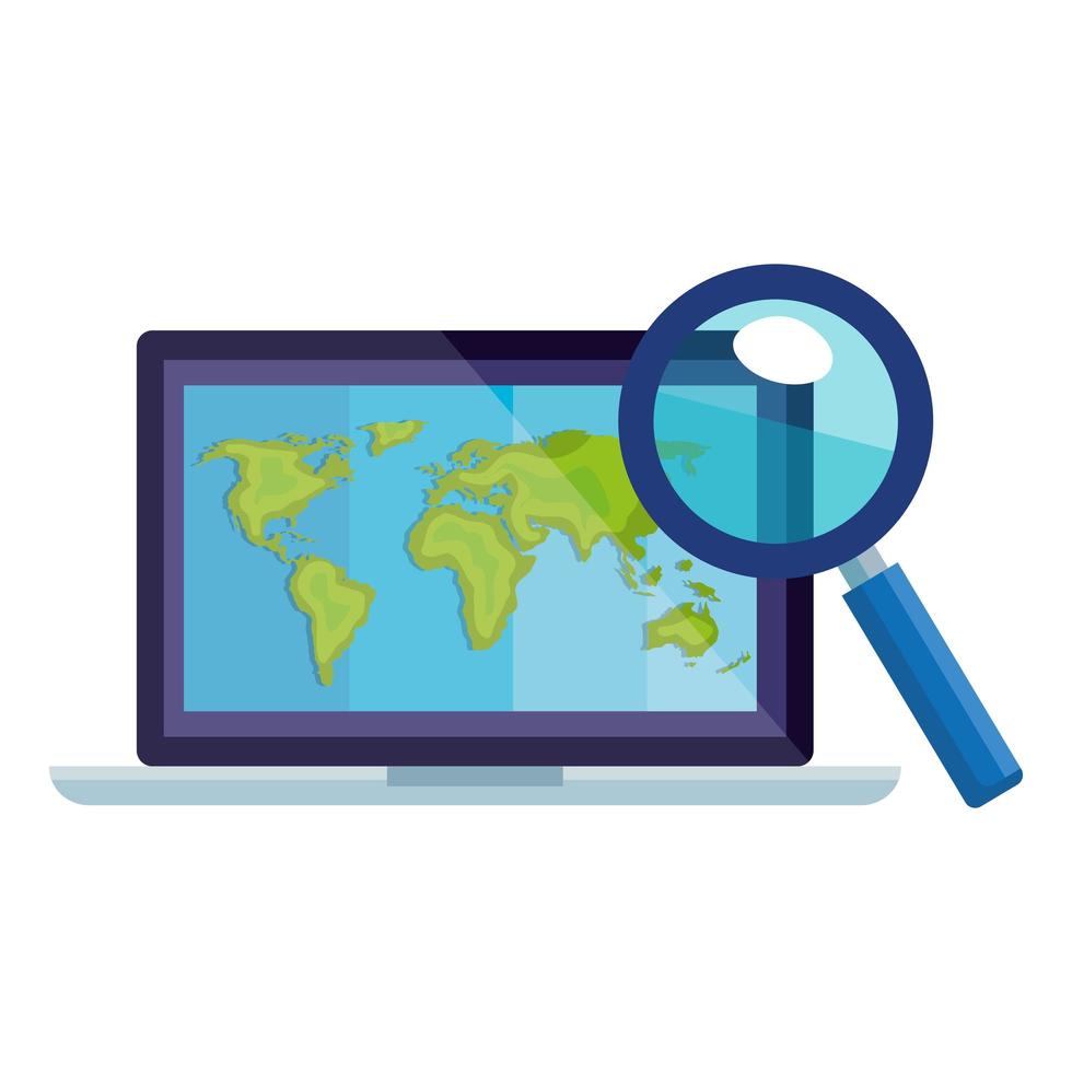 Isolated lupe and world map inside laptop vector design