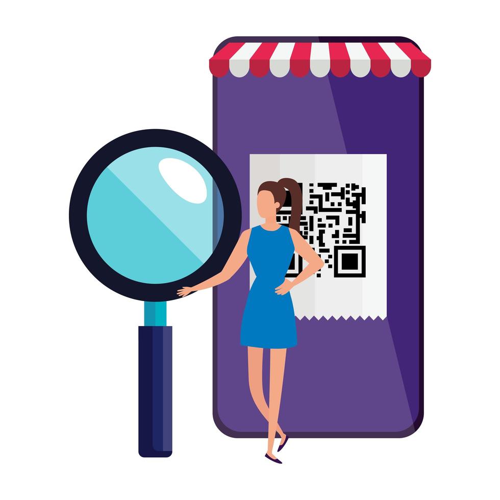 scan code qr in smartphone with businesswoman and magnifying glass vector