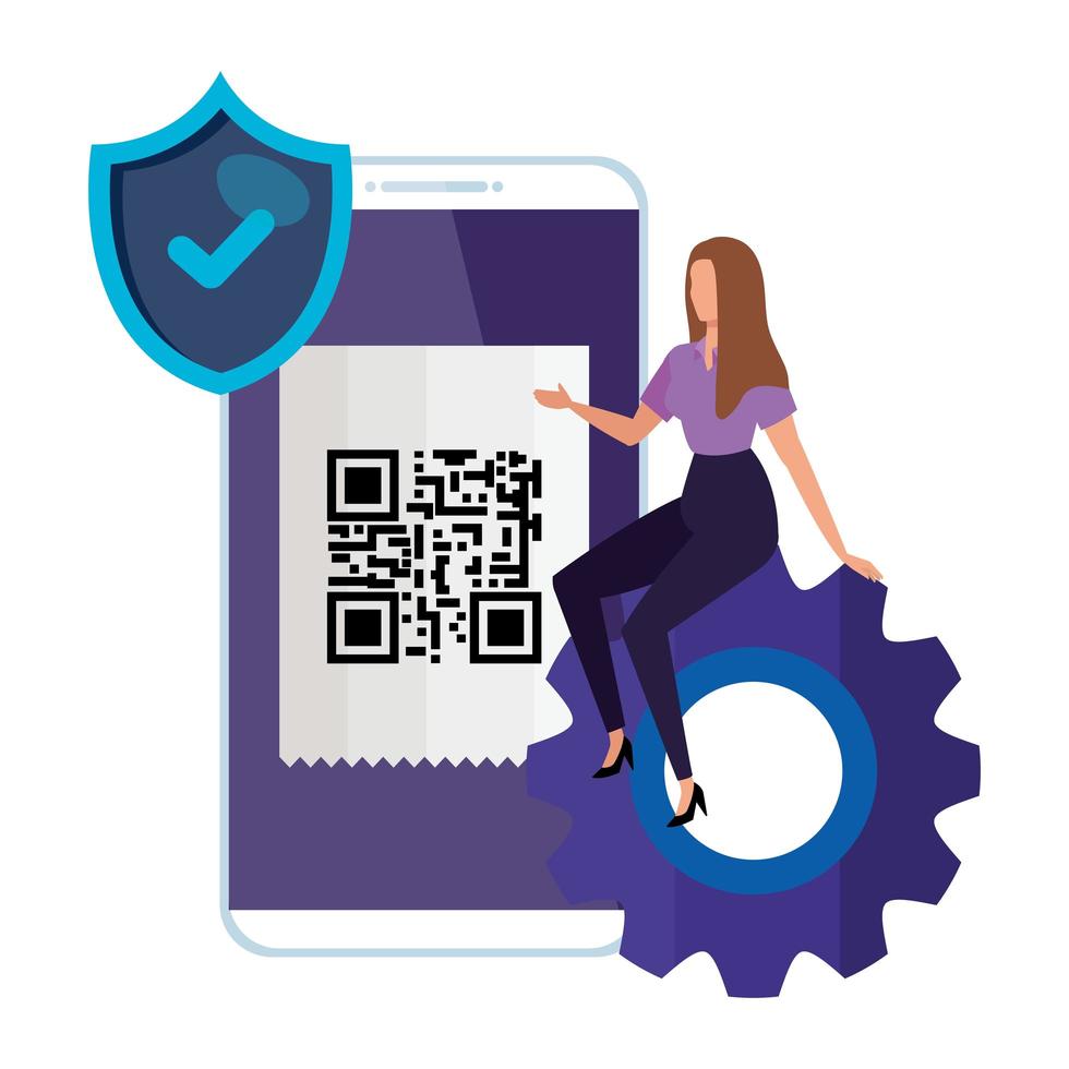 escanear el código qr en el teléfono inteligente con empresaria e iconos vector