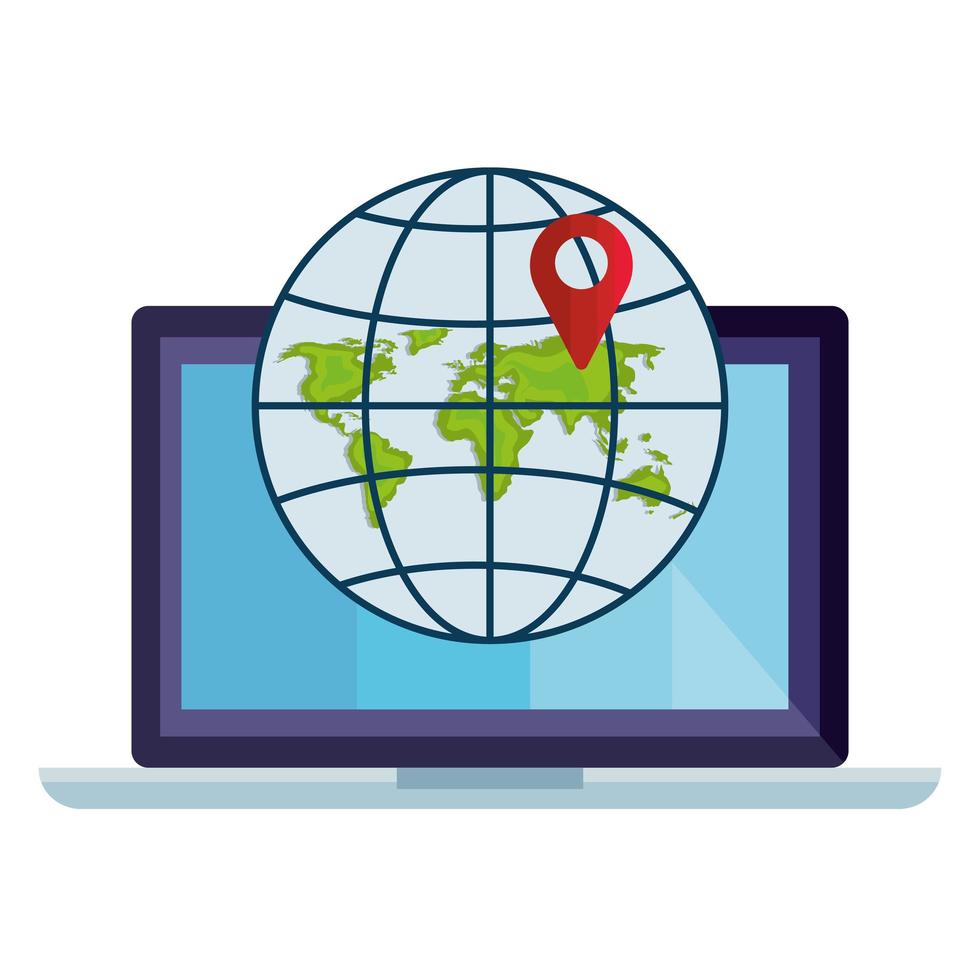 Isolated gps mark and global sphere in front of laptop vector design