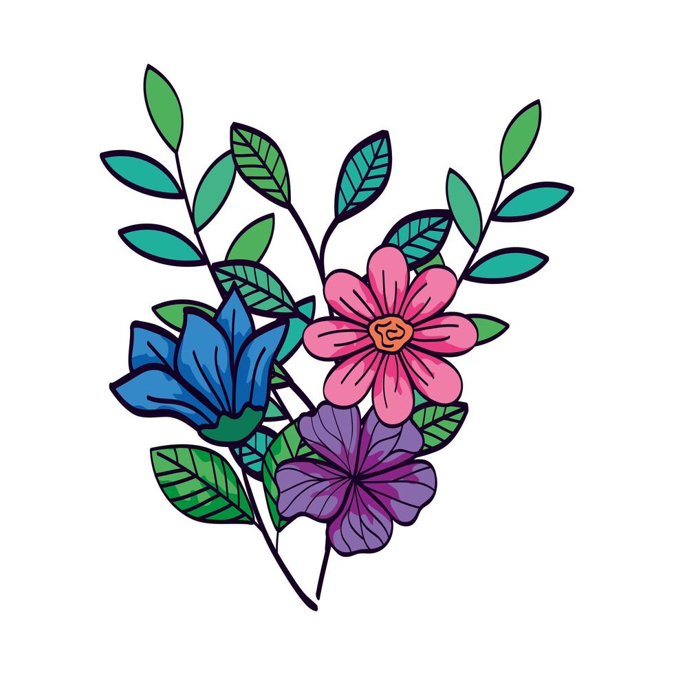 cute flowers with branches and leafs vector