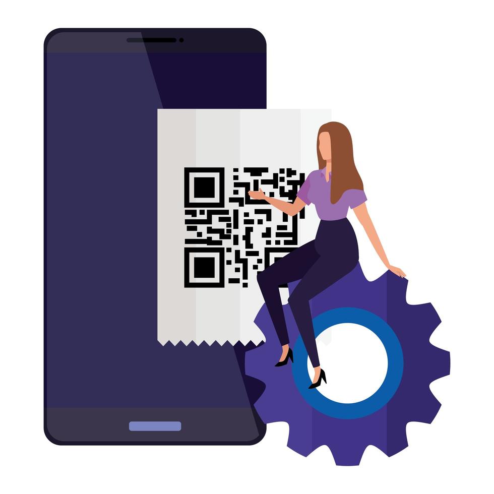 scan code qr in smartphone with businesswoman and gear vector