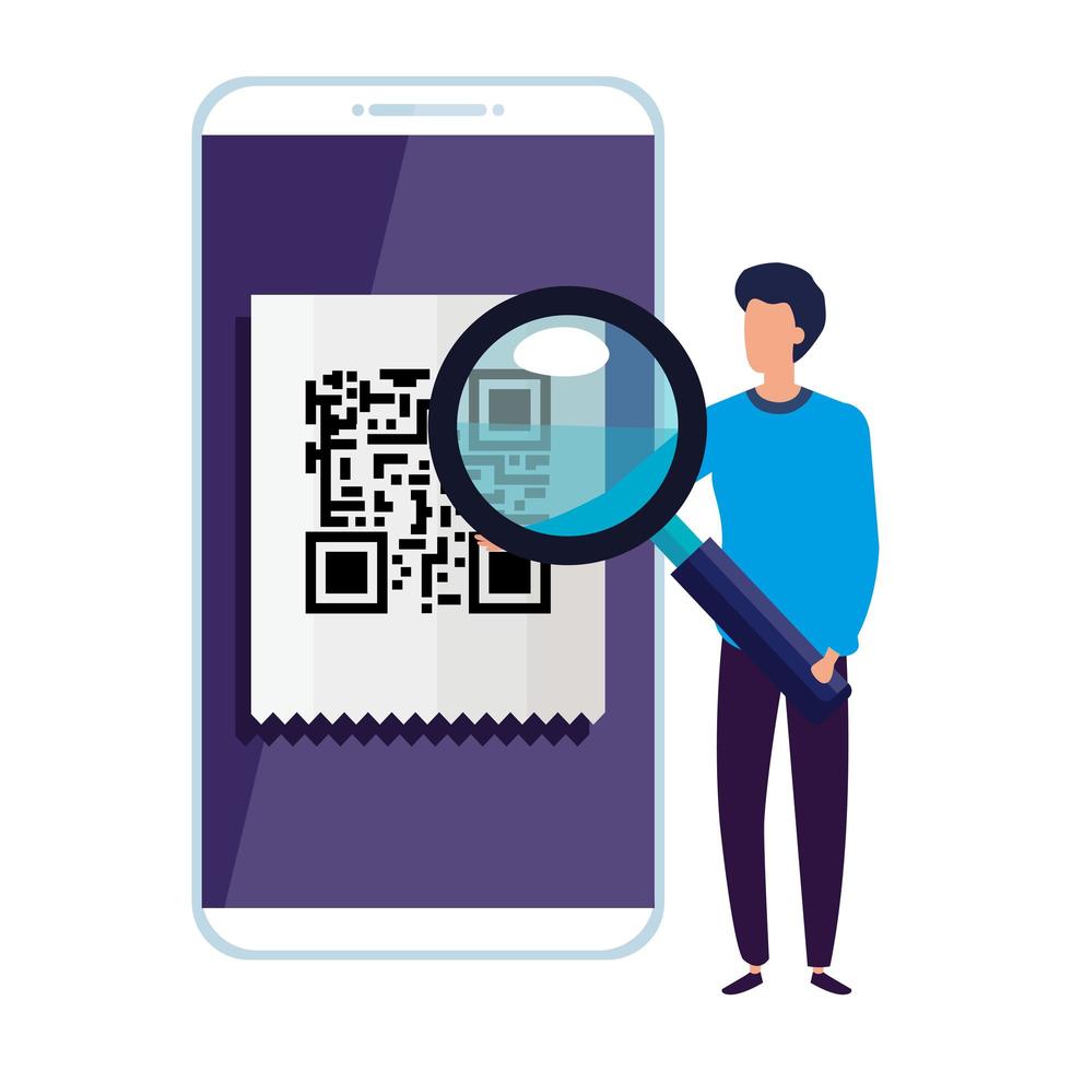 scan code qr in smartphone with businessman and magnifying glass vector