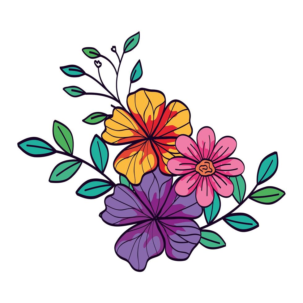 cute flowers with branches and leafs vector
