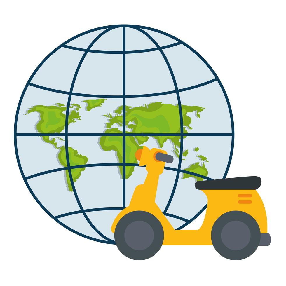 Isolated delivery motorcycle and world map sphere vector design