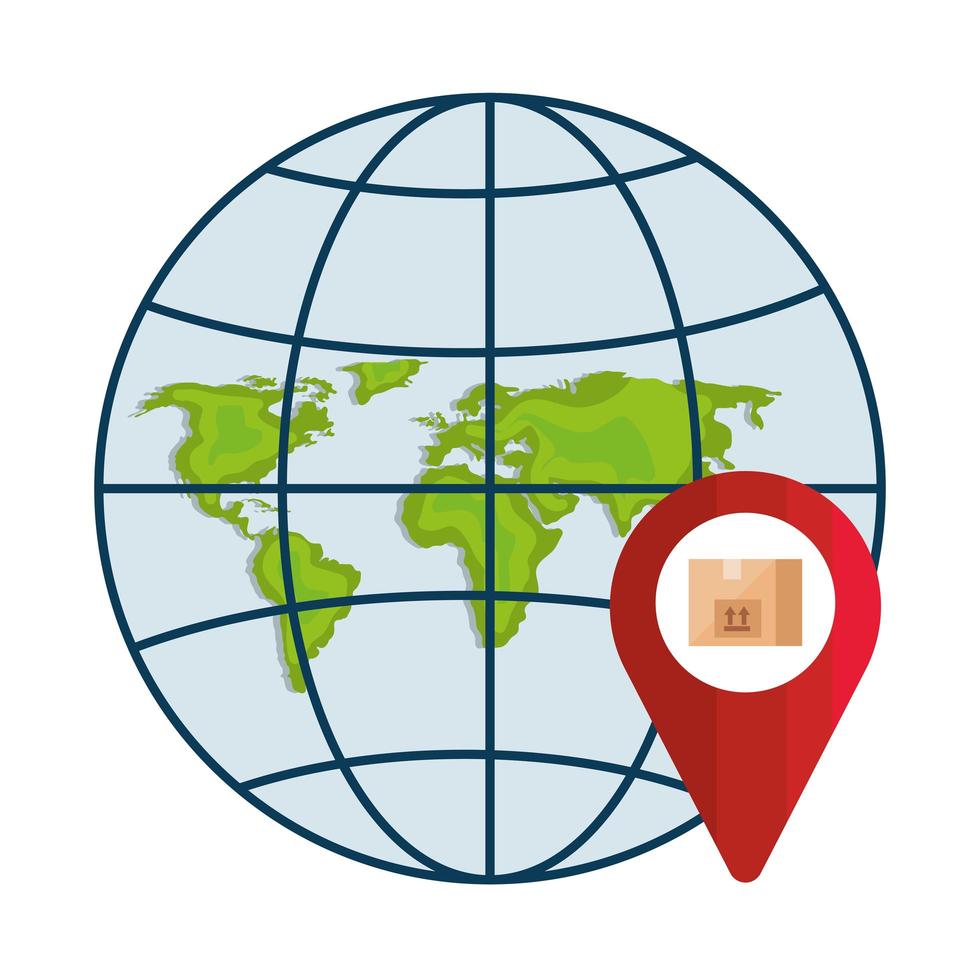 Isolated delivery box inside gps mark and world map sphere vector design