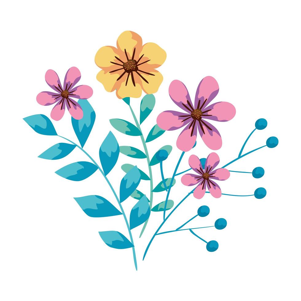 cute flowers with branches and leafs vector