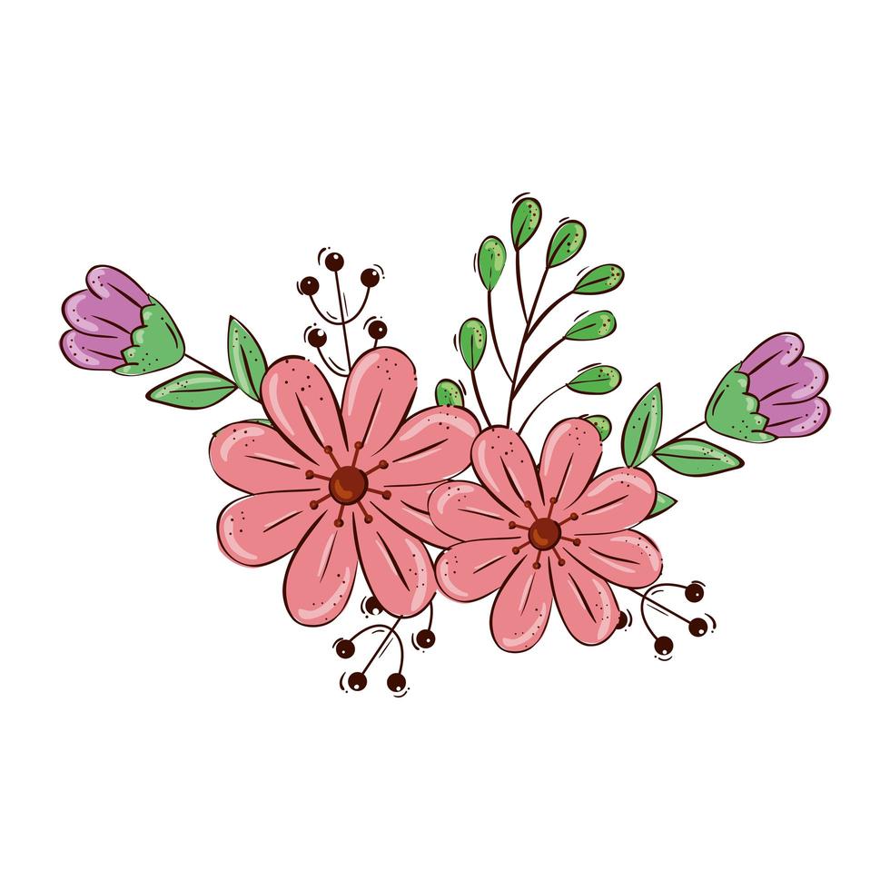 cute flowers with branches and leafs vector