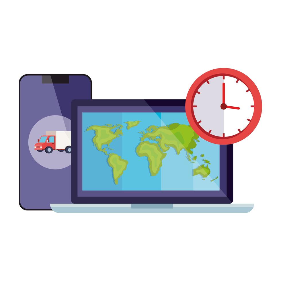 Isolated delivery truck inside smartphone laptop and clock vector design
