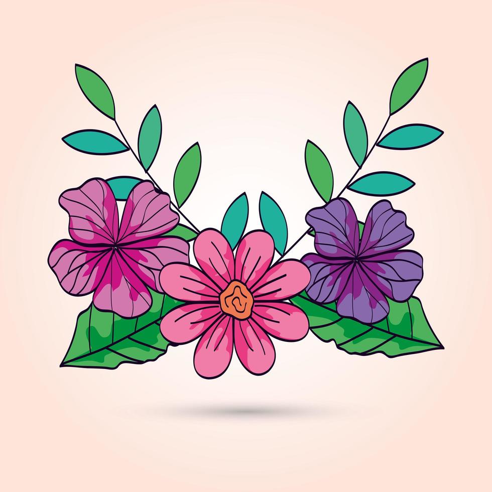 cute flowers with branches and leafs vector