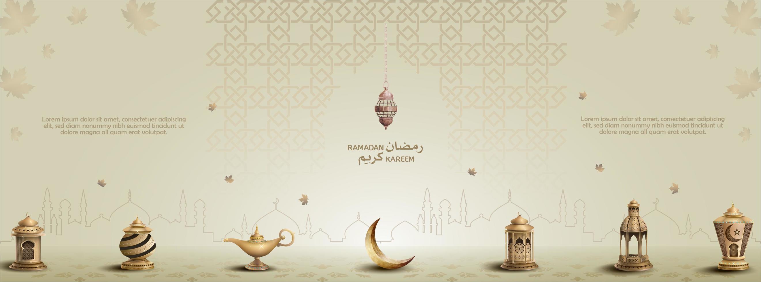 islamic greeting eid mubarak card design with beautiful gold lanterns and crescent moon vector