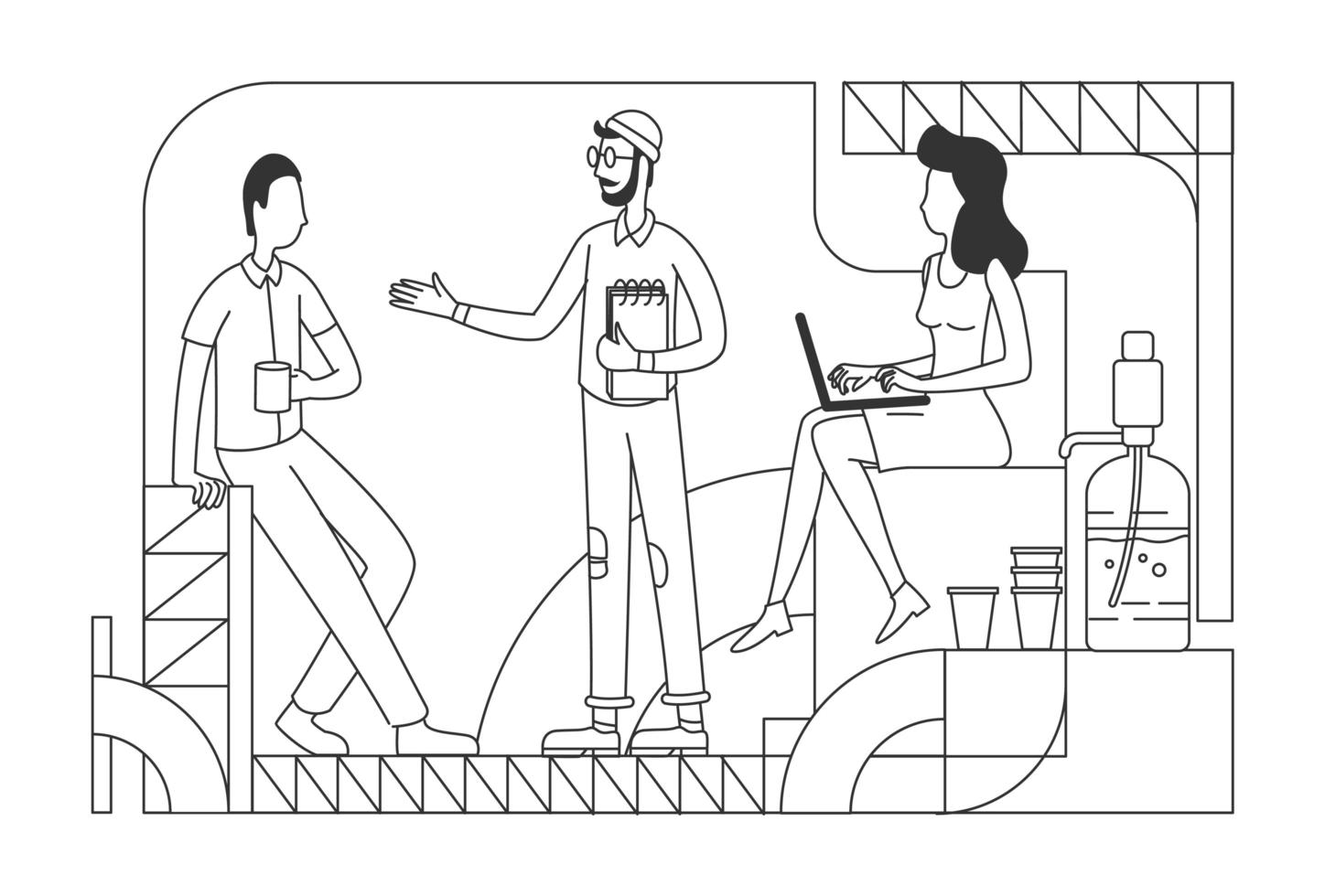 Empleados de la empresa en la ilustración de vector de línea fina de coffee break