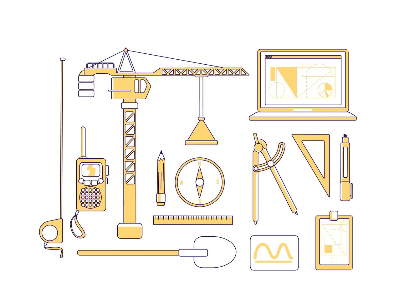 Construction items yellow linear objects set vector