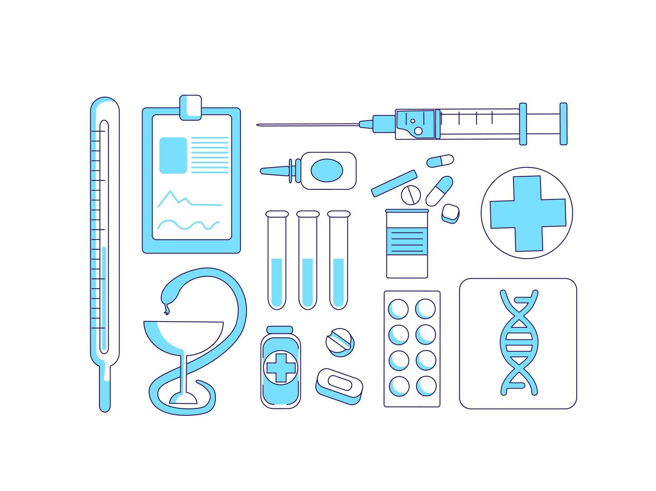 Medicine items turquoise linear objects set vector