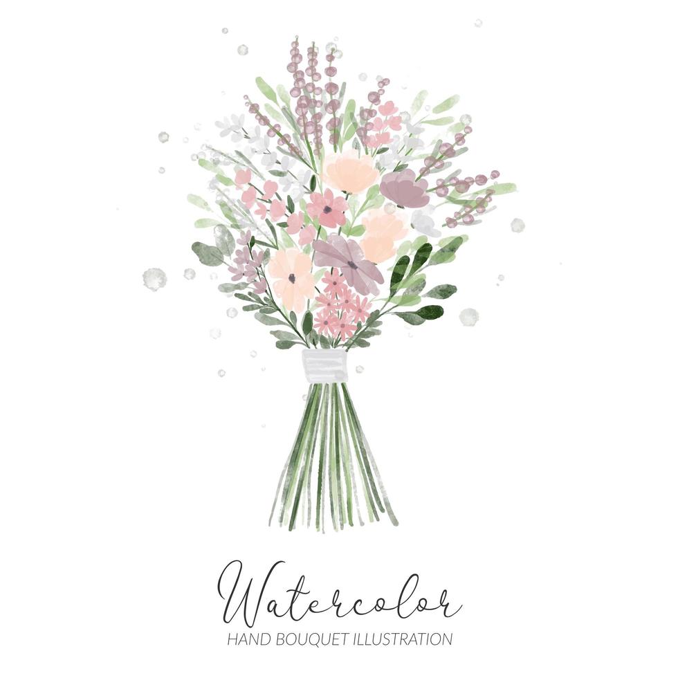 arreglo floral de ramo de mano de acuarela con cinta vector