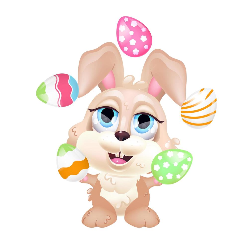 Cute bunny juggling eggs kawaii cartoon vector character