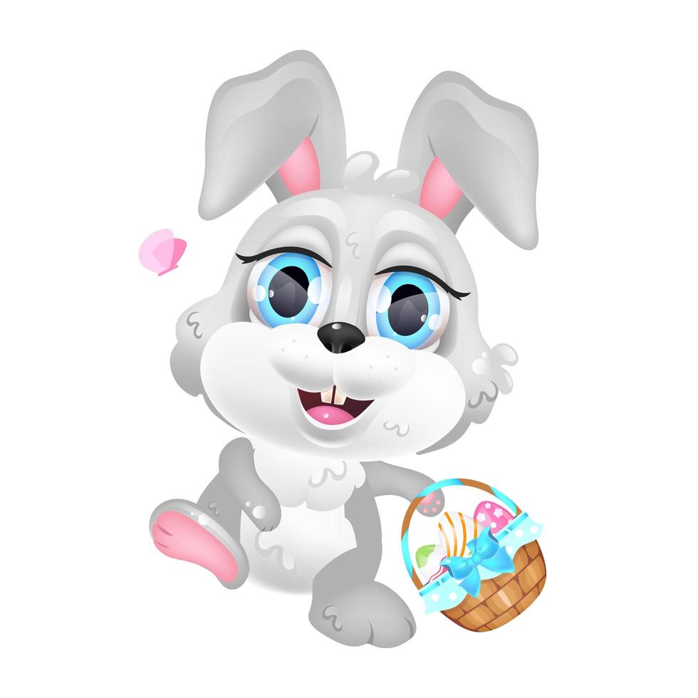 Lindo conejito con canasta de pascua personaje de vector de dibujos animados kawaii