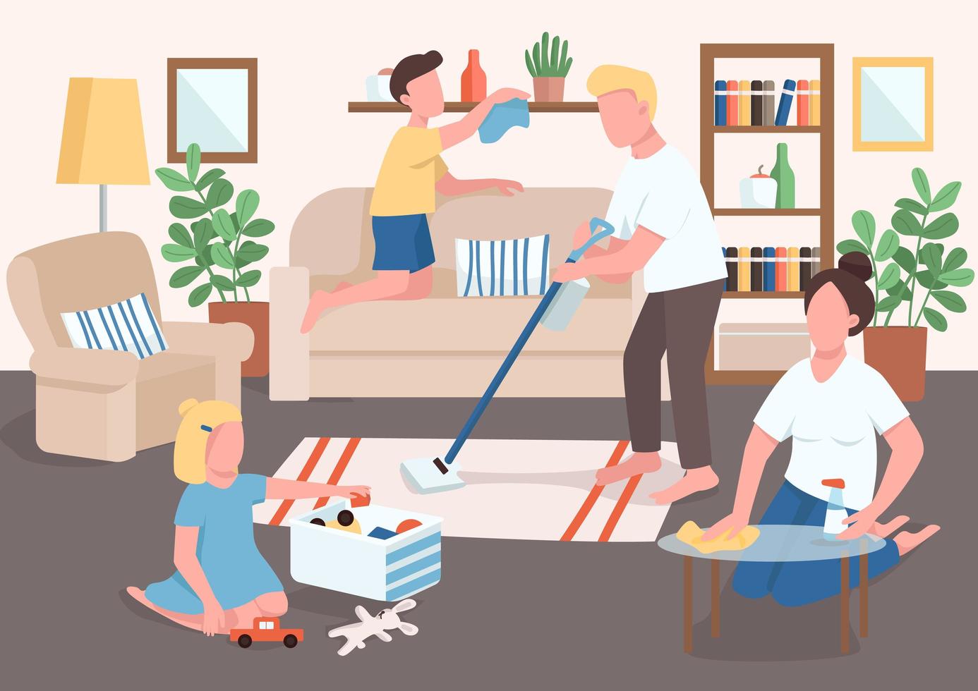 Parents and children cleaning flat color vector illustration