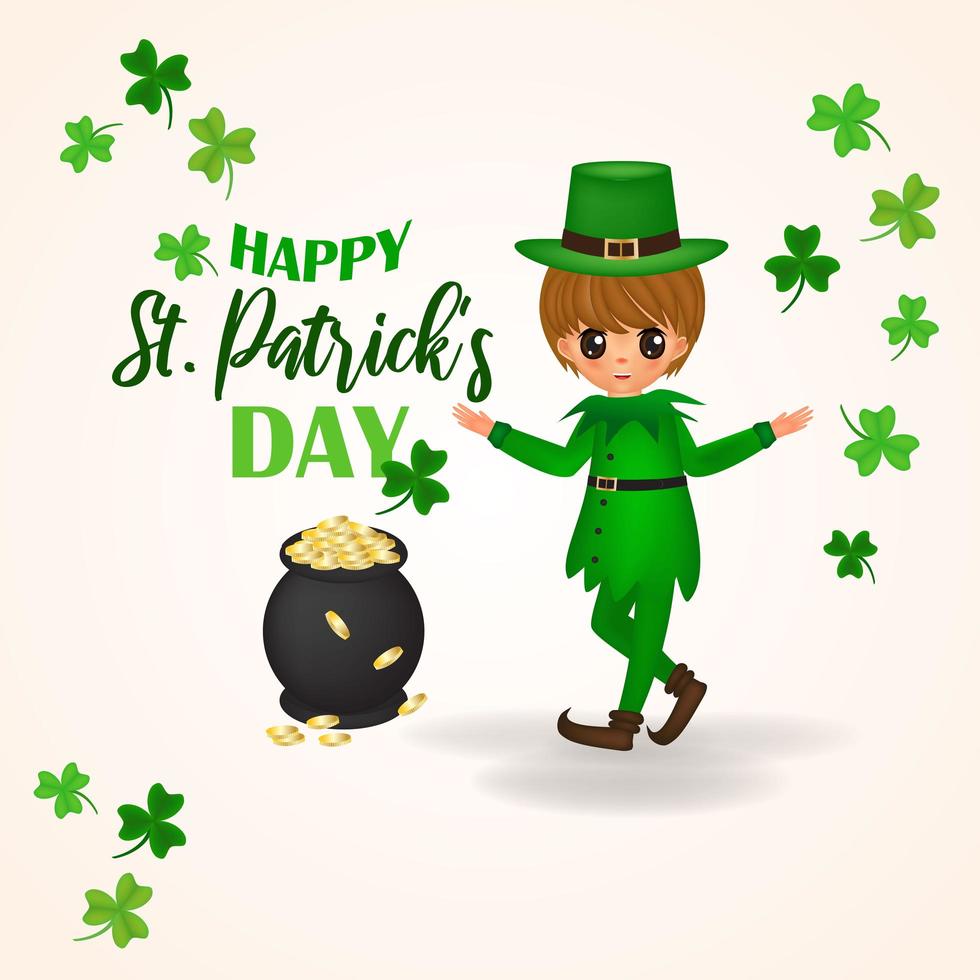 Happy St. Patrick's Day greeting with boy, cauldron having coins and clovers vector