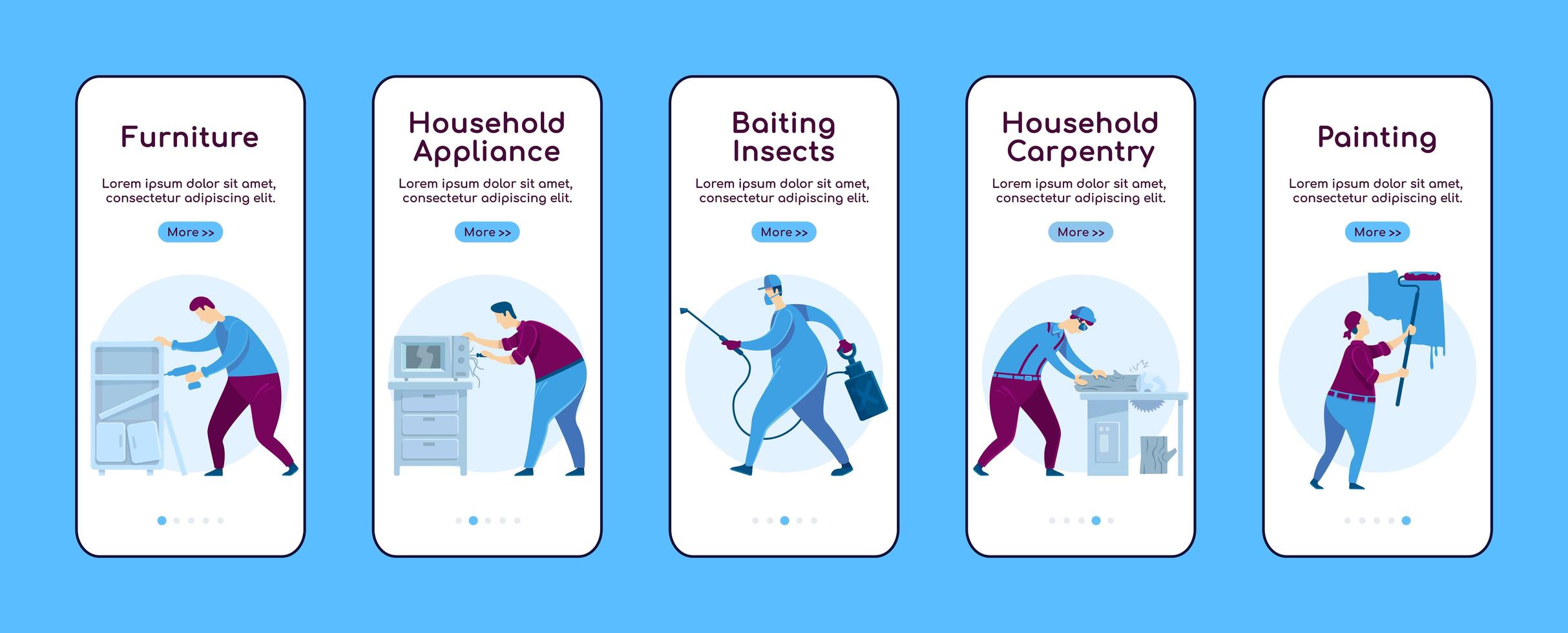 Home repair onboarding mobile app screen flat vector template
