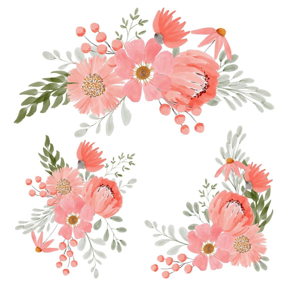 ramo de arreglo floral en melocotón conjunto de ilustración acuarela vector