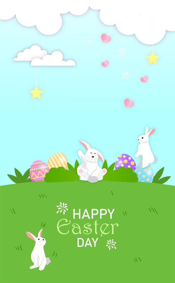 Little bunnies plays hide Easter eggs in the meadow vector