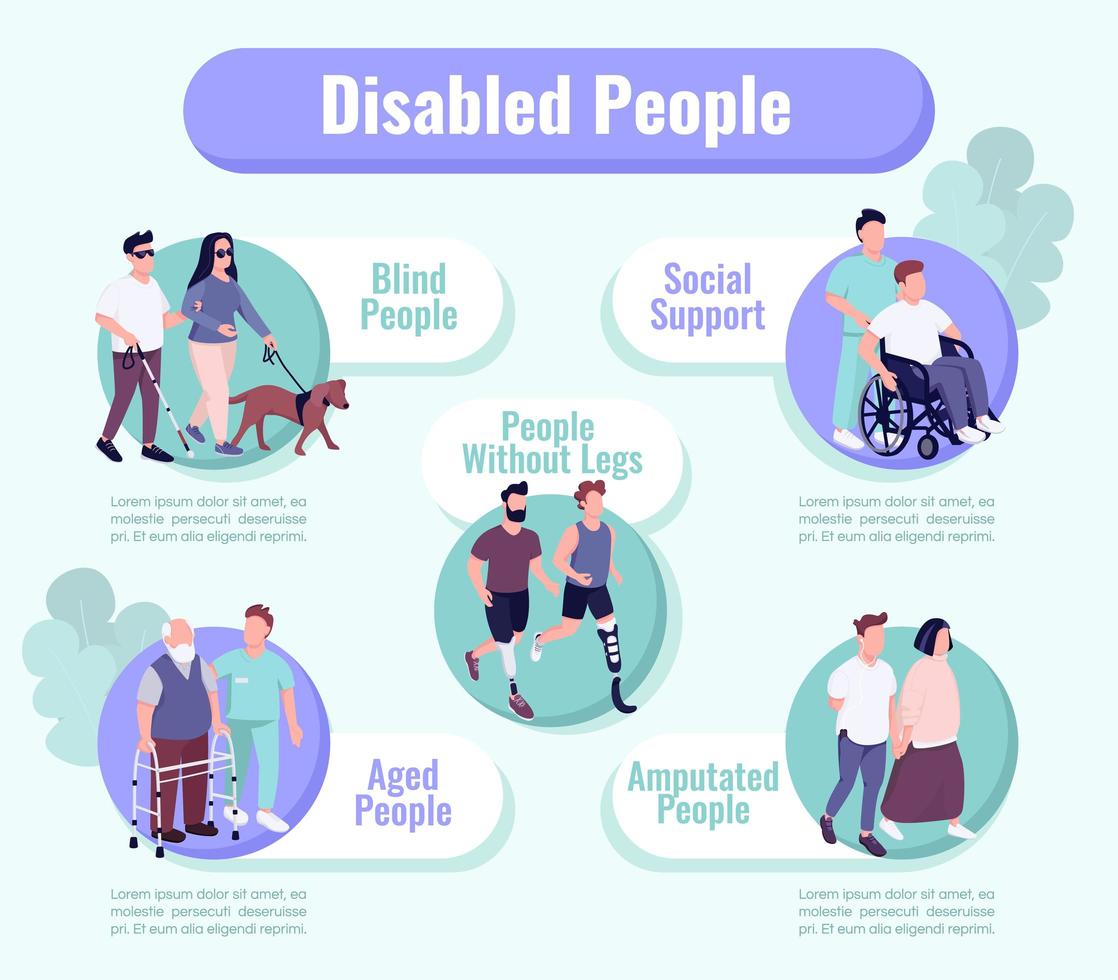 People with disability support flat color vector informational infographic template