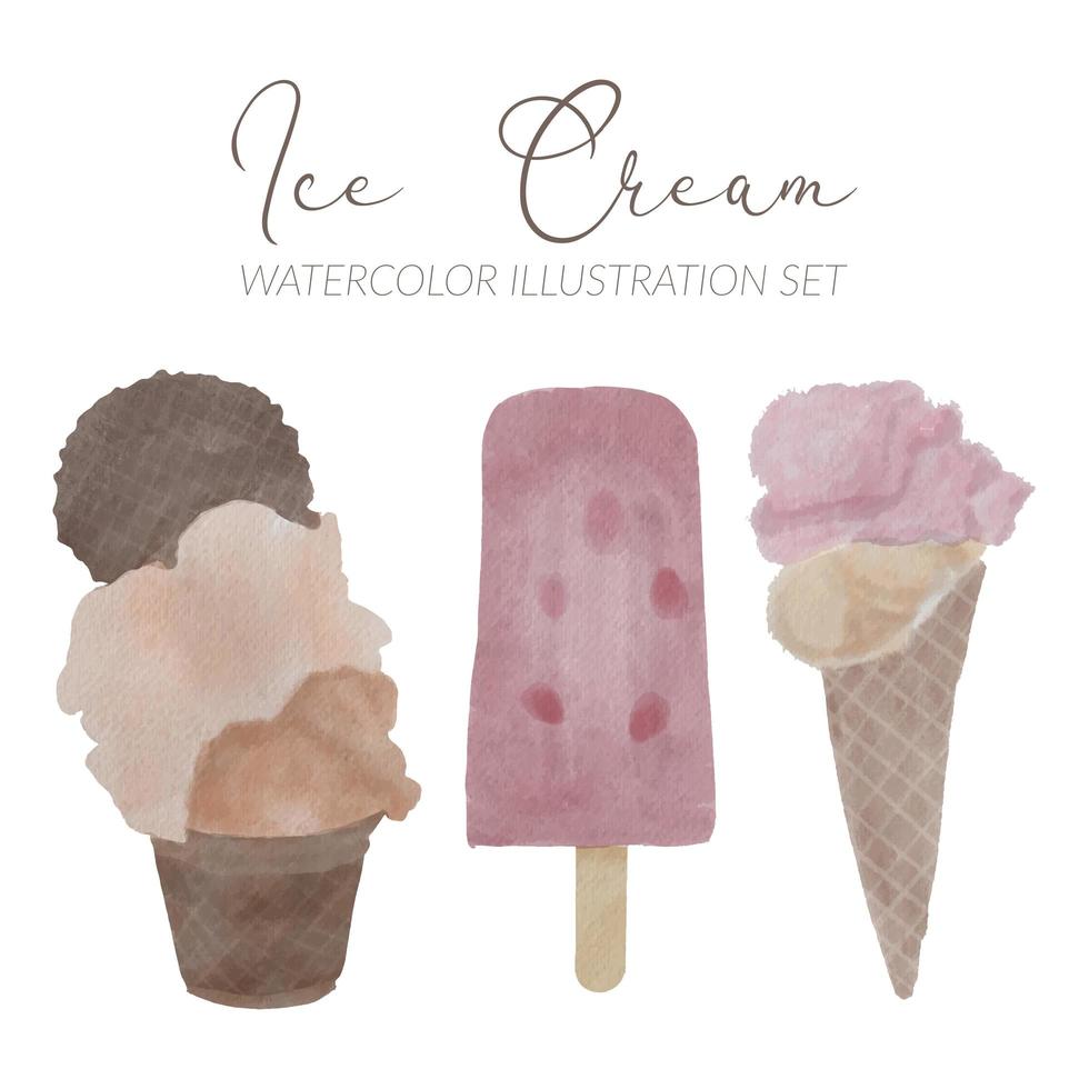watercolor strawberry ice cream cone illustration set vector