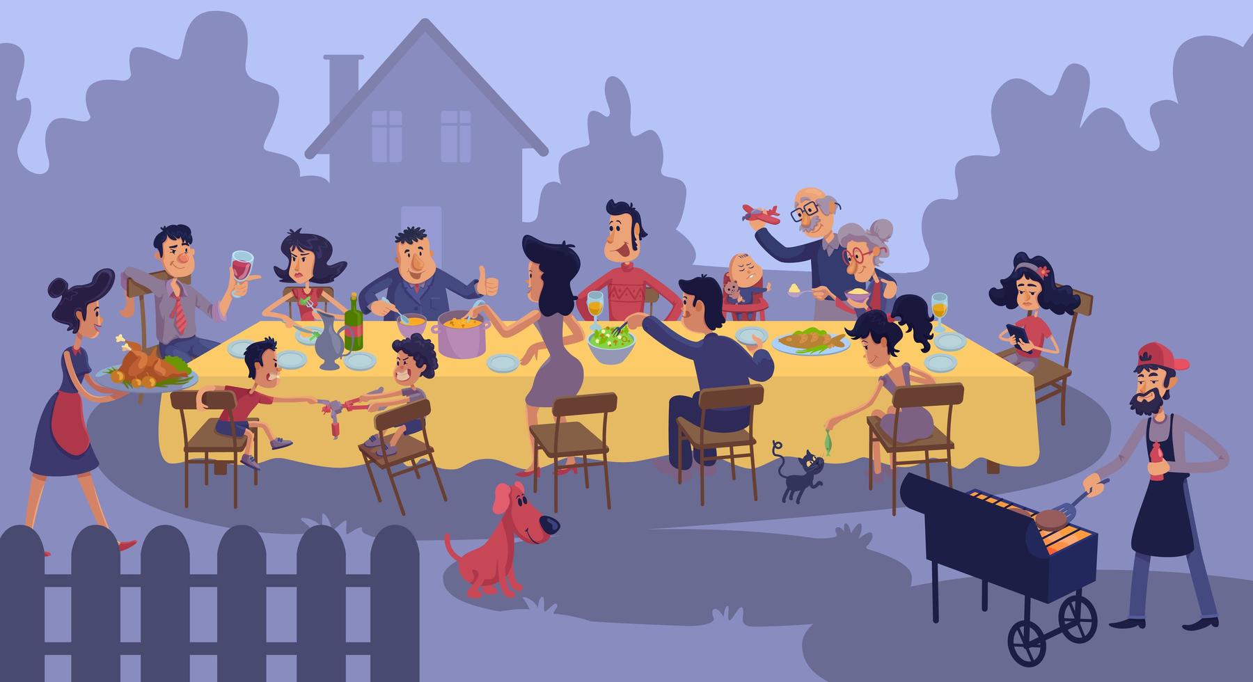 Big family gathering at table outdoors flat color vector illustration