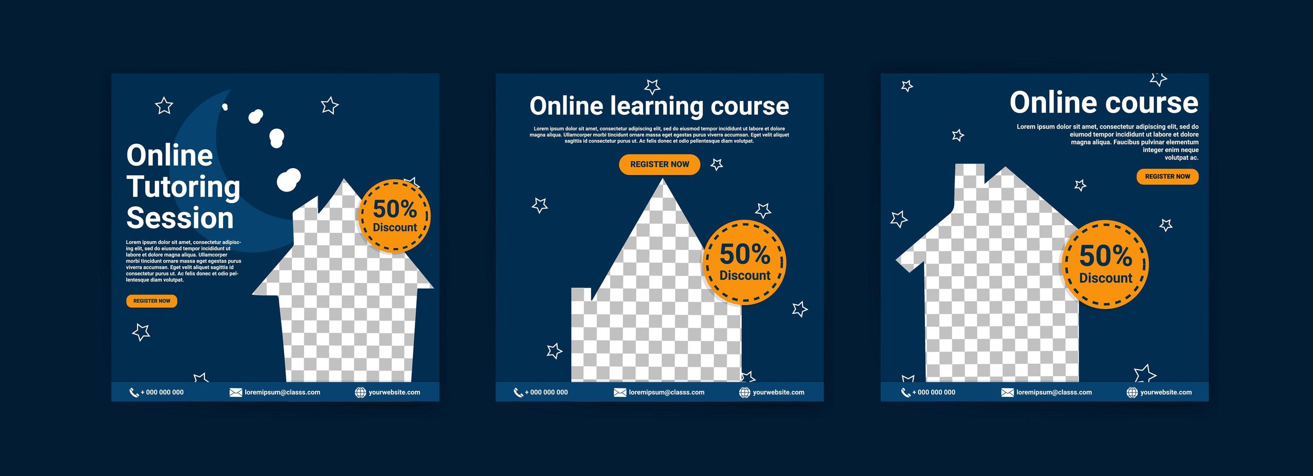 Online courses and classes. Social media post templates for digital marketing and promotion. Advertisements for webinars. Keep studying even at home. vector