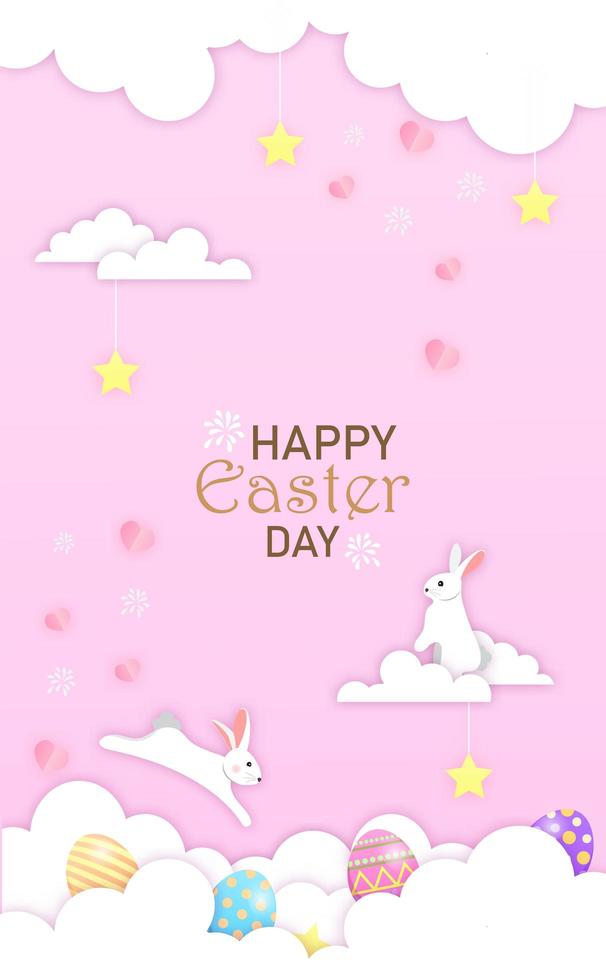 Little bunnies playing with Easter eggs on clouds vector