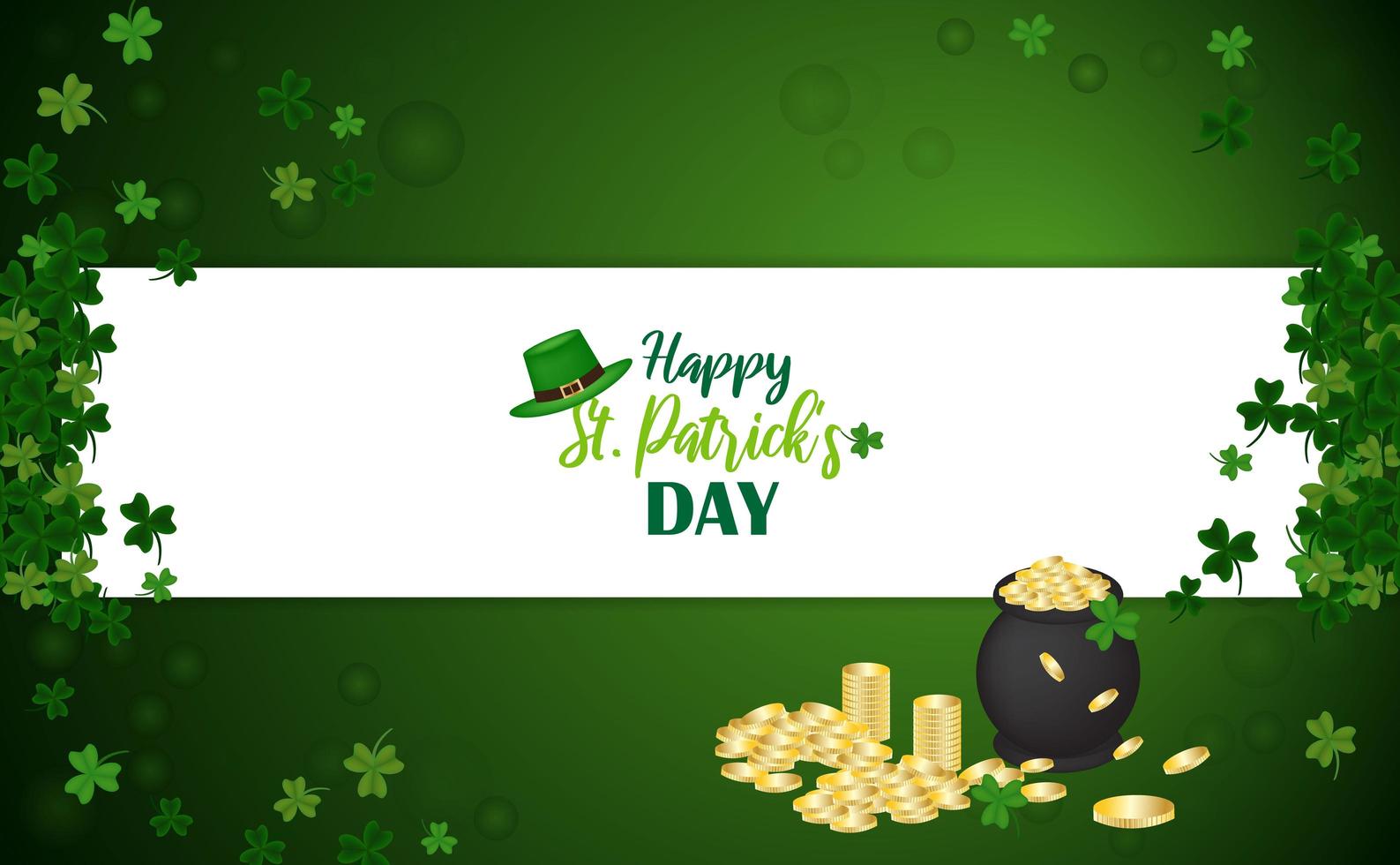 Happy St. Patrick's Day design with cauldron with coins, clovers and hat vector