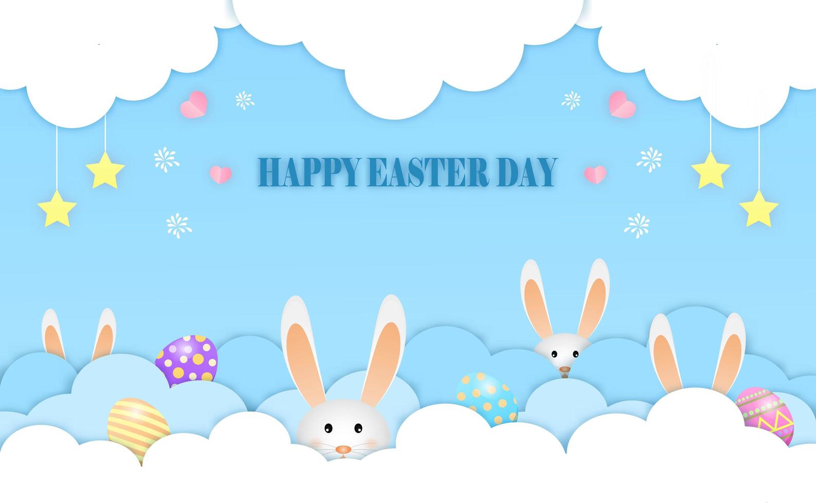 Little bunnies play hide Easter eggs in the clouds Happy Easter postcard of vector. vector