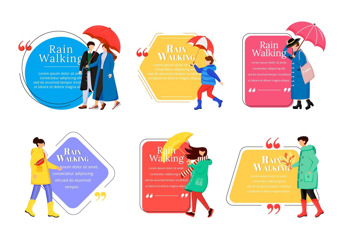 Rain walking flat color vector character quotes set