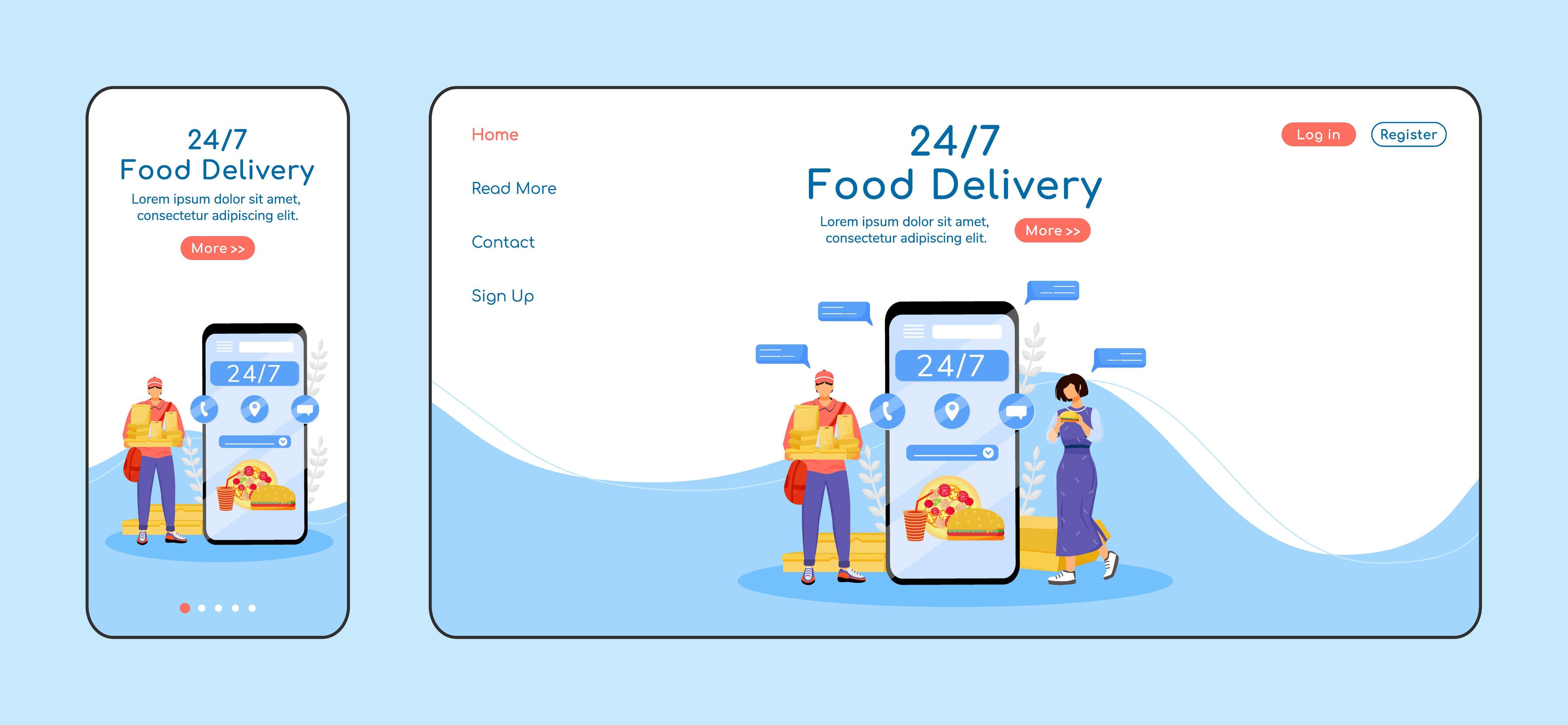 24 Hours Food Delivery Adaptive Landing Page Flat Color Vector Template 24-hours-food-delivery-adaptive-landing-page-flat-color-vector-template