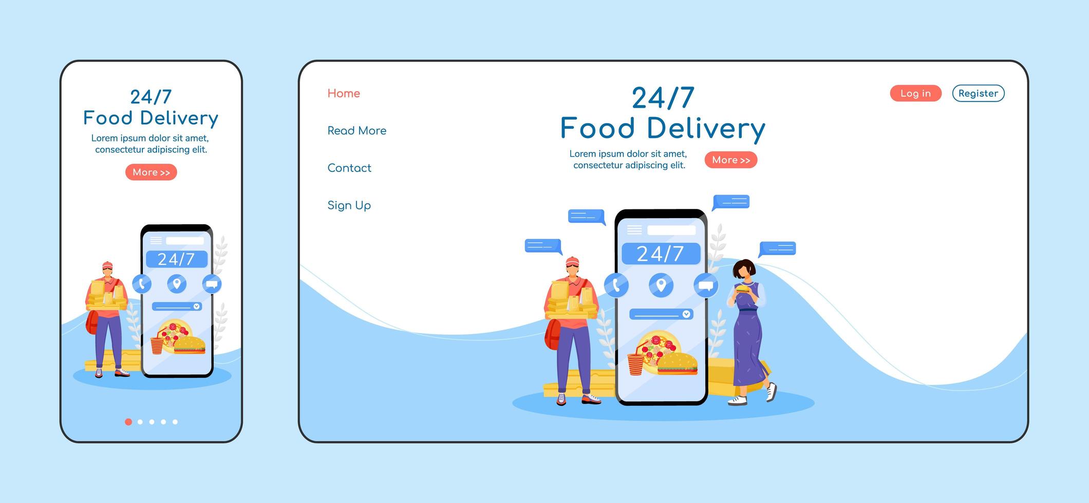 Plantilla de vector de color plano de página de destino adaptable de entrega de alimentos las 24 horas